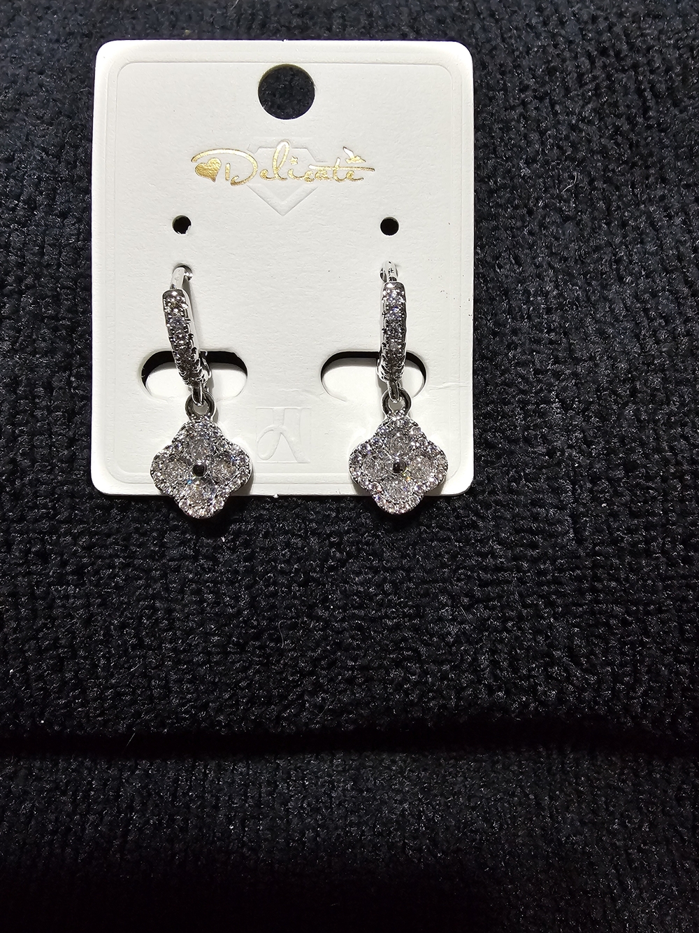Delicates Silvertone Pavé Clover Drop Earrings Size 1inch in length